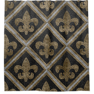Rideaux De Douche Mosaïque de fleur de lis motif noir et or