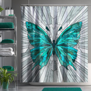 Rideaux De Douche Mosaïque de papillon - vert émeraude et gris