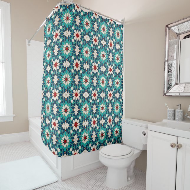 Rideaux De Douche Mosaïque marocaine de marbre blanc Turquoise bleu  (En situation)