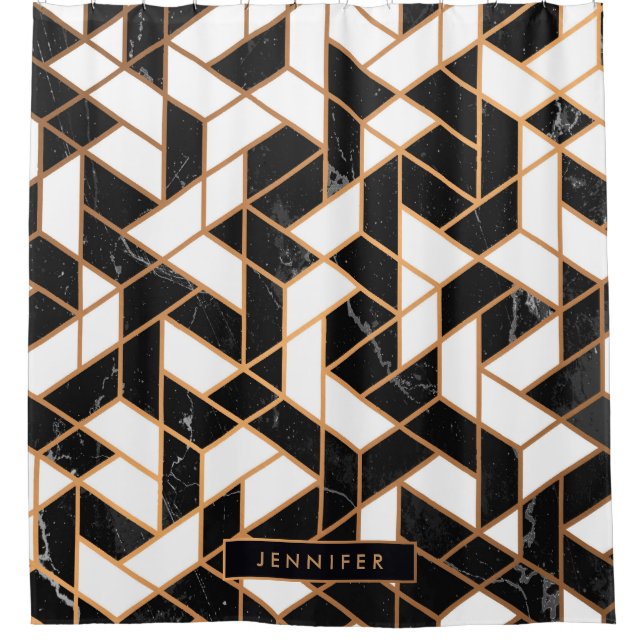 Rideaux De Douche Mosaïque noire et Marbre blanc (Devant)