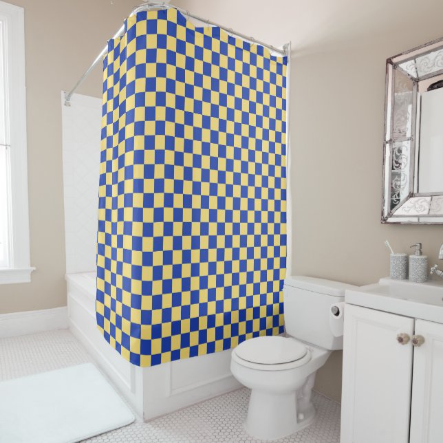 Rideaux De Douche Motif à carreaux jaune beurre et bleu (En situation)