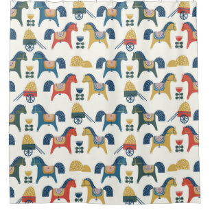 Rideaux De Douche Motif à cheval inspiré de l'art scandinave.