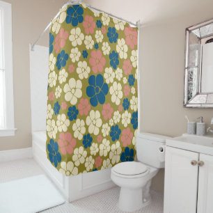 Rideaux De Douche Motif à fleurs - Bleu, Vert olive, Rose et Crème