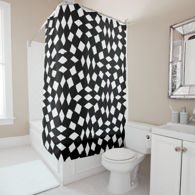 Rideaux De Douche Motif Abstrait rétro noir blanc Checker (En situation)