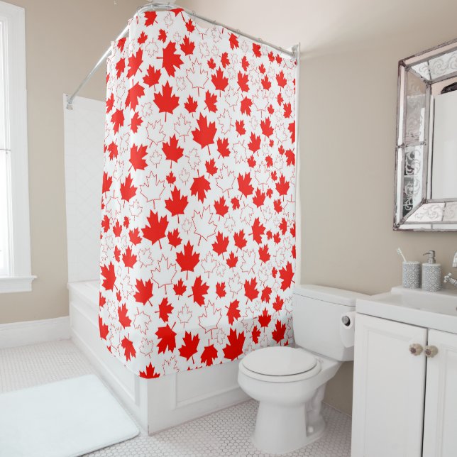 Rideaux De Douche Motif aléatoire blanc blanc rouge Feuille d'érable (En situation)