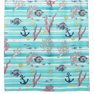 Rideaux De Douche Motif aquarelle nautique rétro (15)