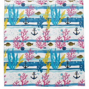 Rideaux De Douche Motif aquarelle nautique rétro (2)
