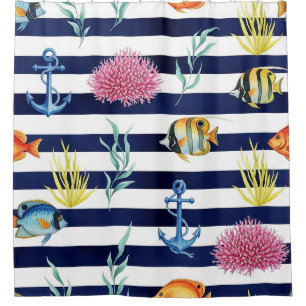 Rideaux De Douche Motif aquarelle nautique rétro (8)