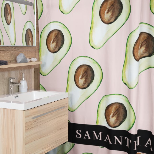 Rideaux De Douche Motif Avocado Rose Et Vert Moderne Avec Nom (Créateur téléchargé)