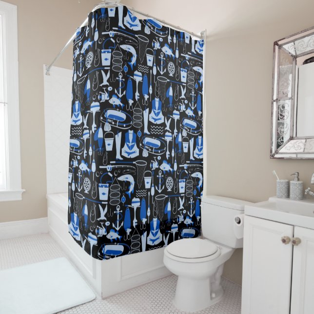 Rideaux De Douche Motif bleu de pêche (En situation)