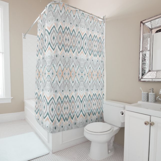 Rideaux De Douche Motif Boho Turquoise Peach Pale Grey Chevron (En situation)