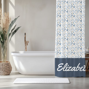 Rideaux De Douche Motif botanique à l'aquarelle bleue avec nom perso