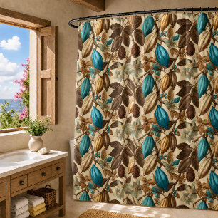 Rideaux De Douche Motif botanique cacao turquoise marron or