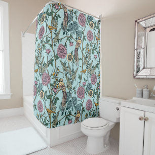 Rideaux De Douche Motif botanique de couleur bleue de style vintage 