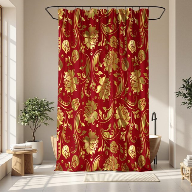 Rideaux De Douche Motif Bourgogne & Gold Floral Damques (Créateur téléchargé)