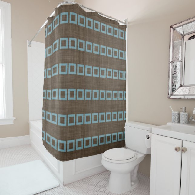 Rideaux De Douche Motif Carré turquoise Bleu Sur Café Foncé Brown (En situation)