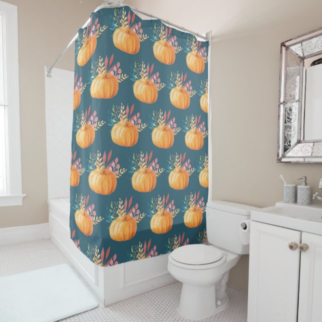 Rideaux De Douche Motif Citrouille d'aquarelle orange (En situation)