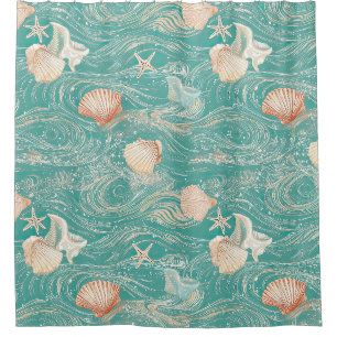Rideaux De Douche Motif Coquillages et Vagues Océaniques (10)
