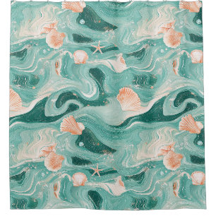 Rideaux De Douche Motif Coquillages et Vagues Océaniques (6)