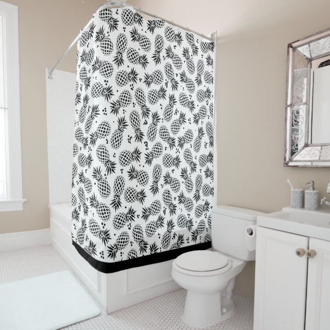 Rideaux De Douche Motif d'ananas tropical noir et blanc (En situation)