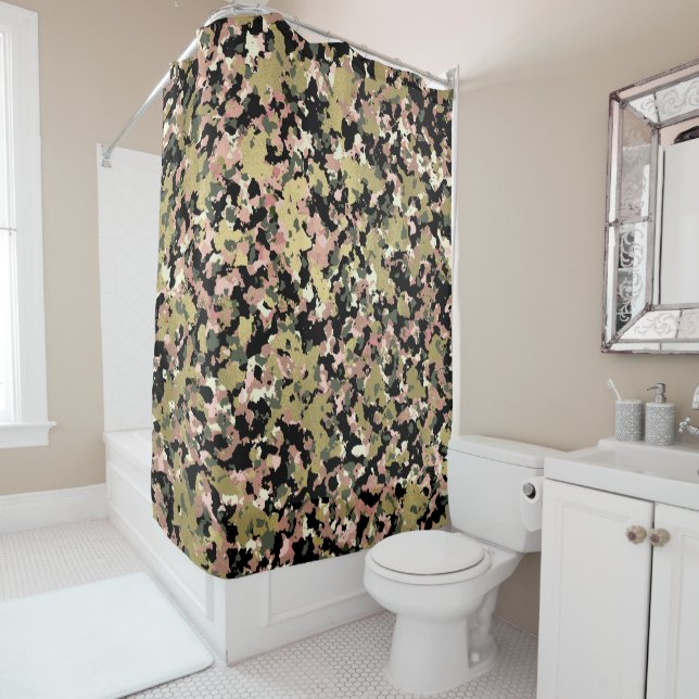 Rideaux De Douche Motif de camouflage noir rose or (En situation)