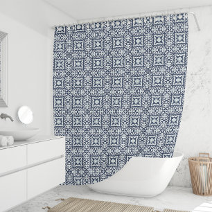 Rideaux De Douche Motif de carreaux espagnols marine et blanc