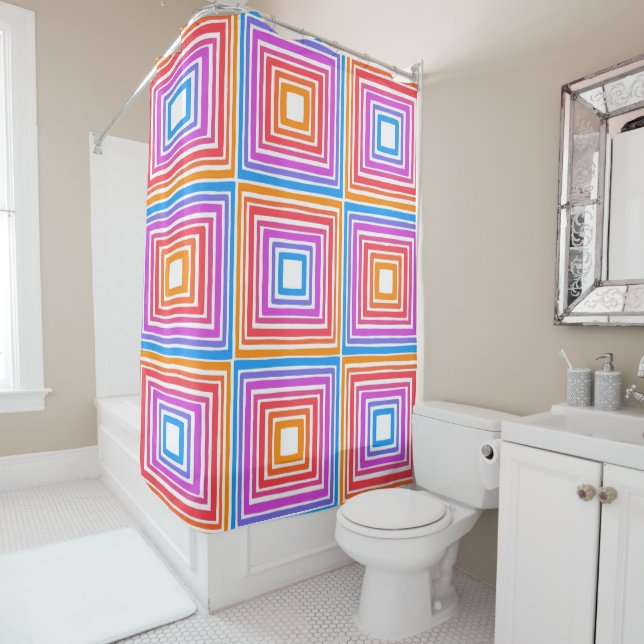 Rideaux De Douche Motif de carreaux géométriques Carrés Rainbow (En situation)