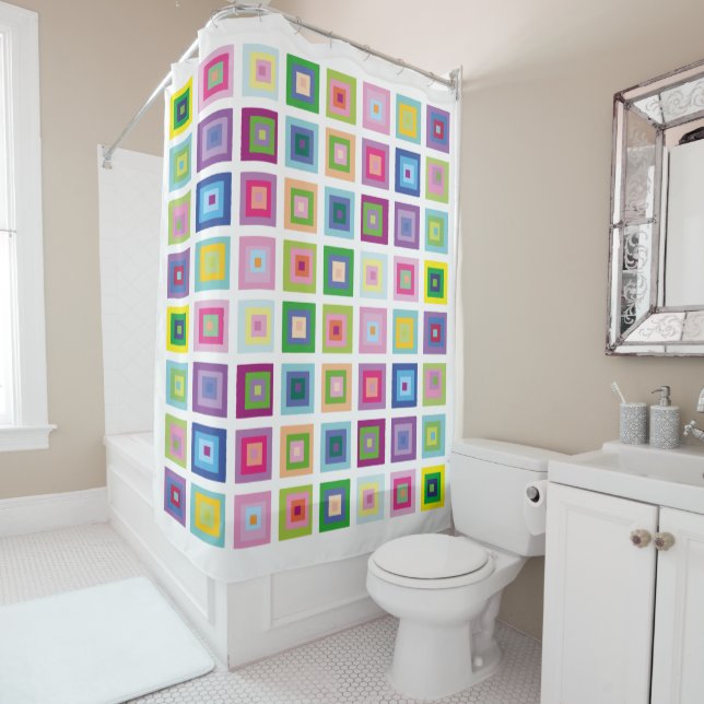 Rideaux De Douche Motif de carrés colorés du milieu du siècle modern (En situation)