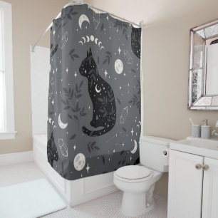 Rideaux De Douche Motif de chat noir céleste avec phases lunaires, c