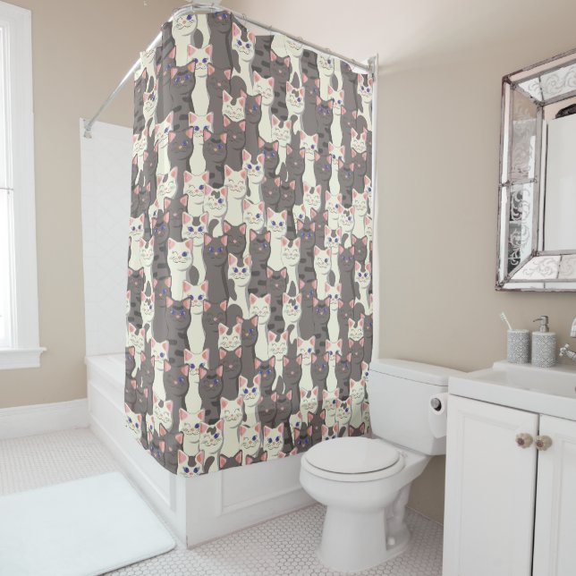 Rideaux De Douche Motif de chats blancs et gris (En situation)