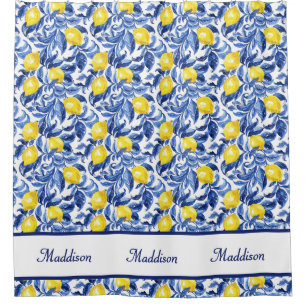 Rideaux De Douche Motif de citron à l'aquarelle bleue Monogramme Nom