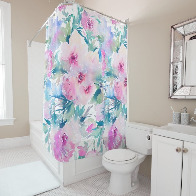 Rideaux De Douche Motif de collage de fleurs rose et bleue (En situation)