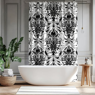 Rideaux De Douche Motif de damas ornemental vintage blanc et noir