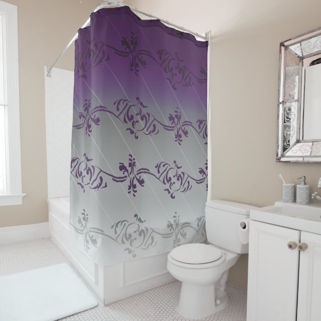 Rideaux De Douche Motif de feuille florale rayée de gris mauve (En situation)