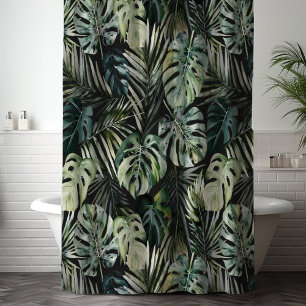 Rideaux De Douche Motif de feuilles de forêt tropicale vert aquarell