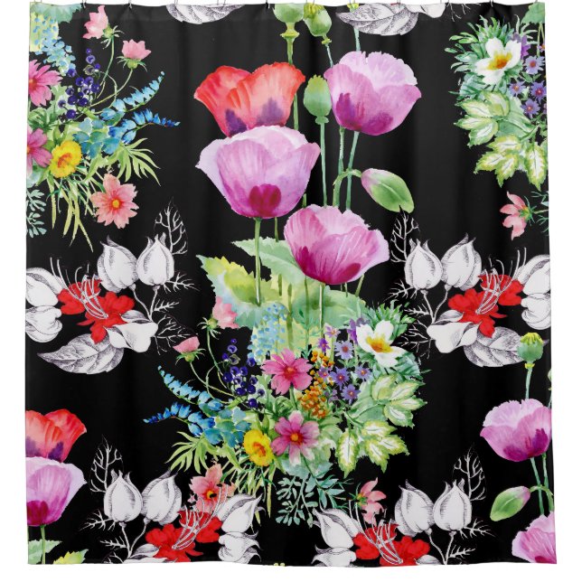 Rideaux De Douche Motif de fleurs d'été colorées de pavot (Devant)