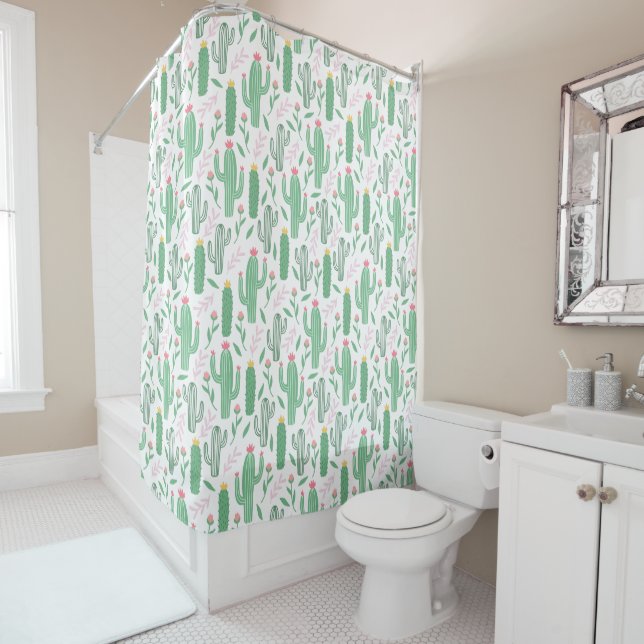 Rideaux De Douche Motif de fleurs succulentes de cactus vert brillan (En situation)