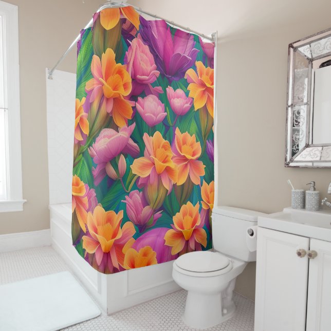 Rideaux De Douche Motif de fleurs tropicales hawaïennes (En situation)