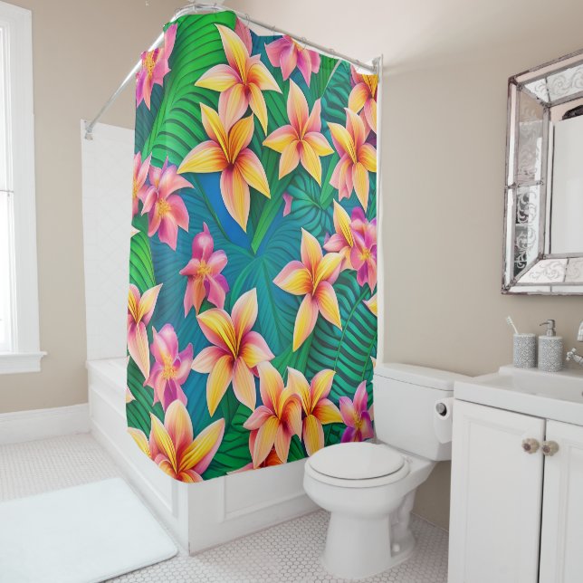 Rideaux De Douche Motif de fleurs tropicales hawaïennes (En situation)