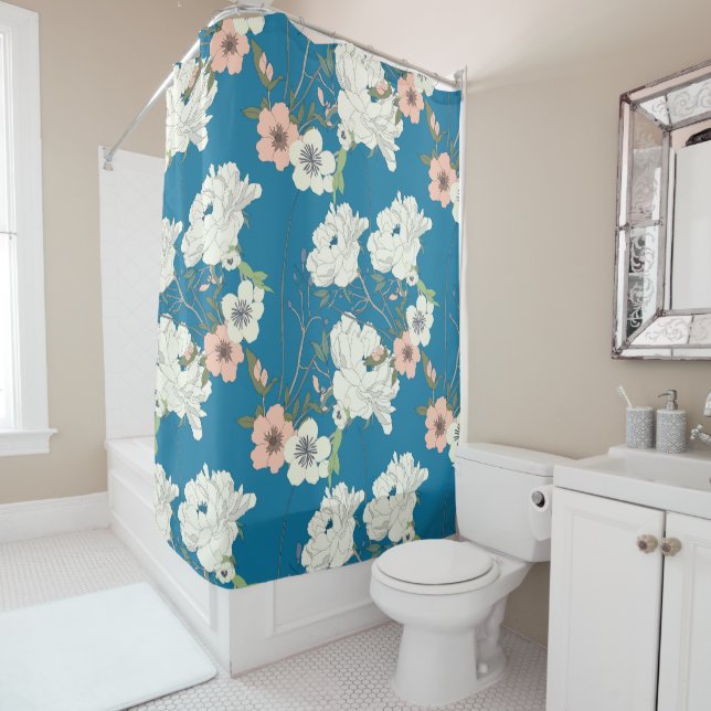 Rideaux De Douche Motif de jardin floral blanc (En situation)