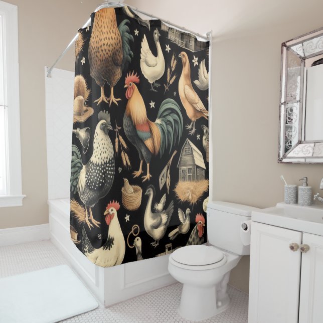 Rideaux De Douche Motif de la ferme de poulet Retro (En situation)