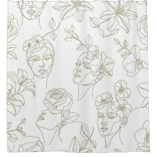 Rideaux De Douche Motif de ligne de visage floral vintage noir et bl