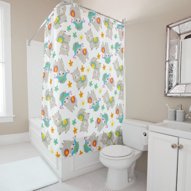 Rideaux De Douche Motif De Llamas, Cute Llamas, Alpacas, Fleurs (En situation)