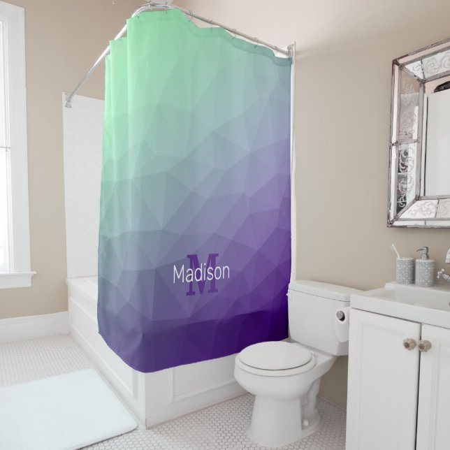 Rideaux De Douche Motif de maille géométrique vert foncé violet (En situation)