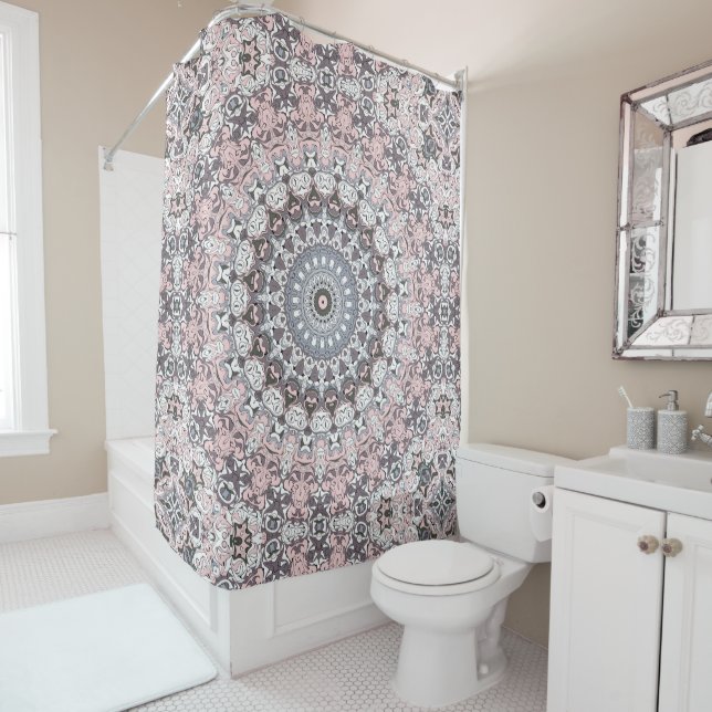 Rideaux De Douche Motif de mandala rose et blanc (En situation)