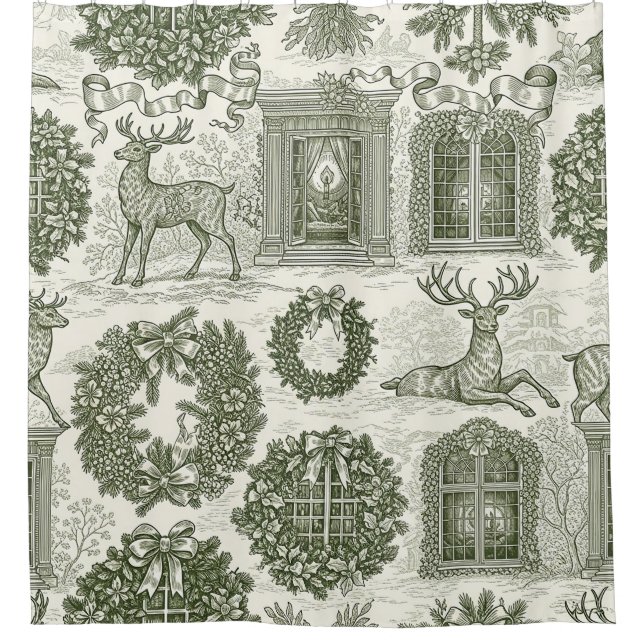 Rideaux De Douche Motif de Noël cerfs bois toile verte (Devant)
