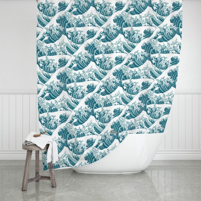 Rideaux De Douche Motif de peinture de Surf japonais Big Wave (Créateur téléchargé)
