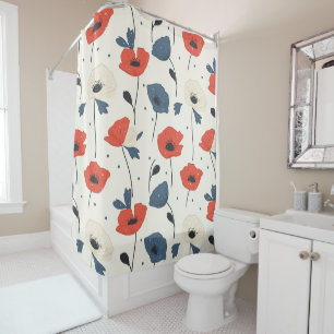 Rideaux De Douche Motif de Poppies d'aquarelle - Rouge, Bleu et Blan