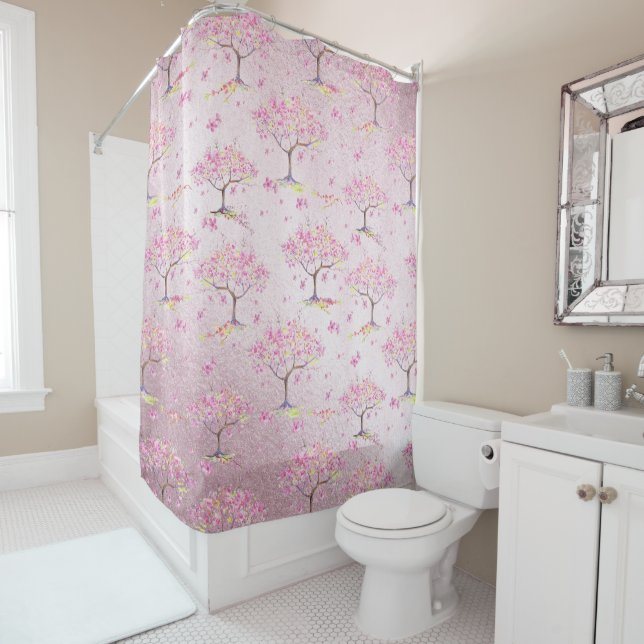 Rideaux De Douche Motif de printemps rose brillant cerisier (En situation)
