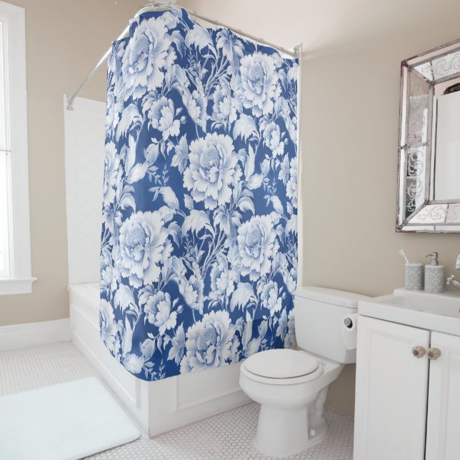 Rideaux De Douche Motif de rose blanc/bleu pâle (En situation)